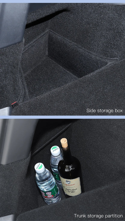 YZ Car Trunk Side Storage Box – Left & Right Organizer for Tesla Model Y Juniper 2021-2025 with Flocking Mat Cover