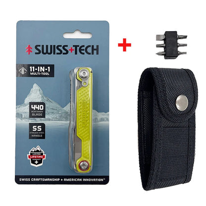 SWISS TECH 11-in-1 Mini Multitool - Folding EDC Camping Tool with Scissors, Screwdriver & Clip