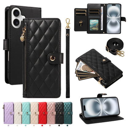 Crossbody Leather Wallet Case for iPhone – Zipper Card Slot Bag with Rhombus Design for iPhone 16/16 Pro Max/15/14/13/12/11/SE 2022