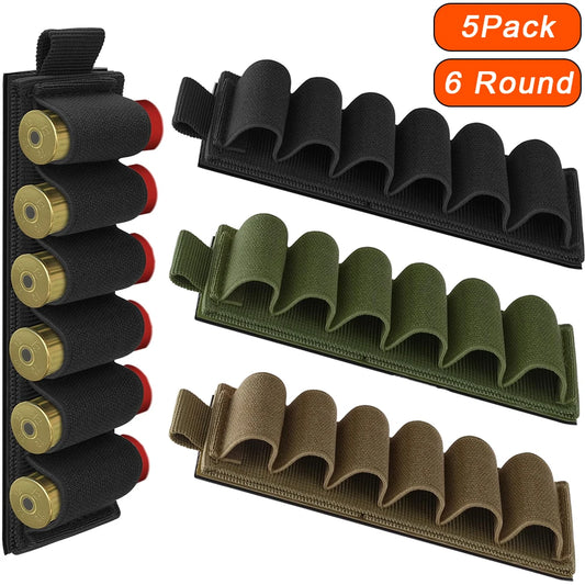 12 Gauge Shotgun Shell Holder - 6 Round Elastic Ammo Carrier with Hook & Loop Mount