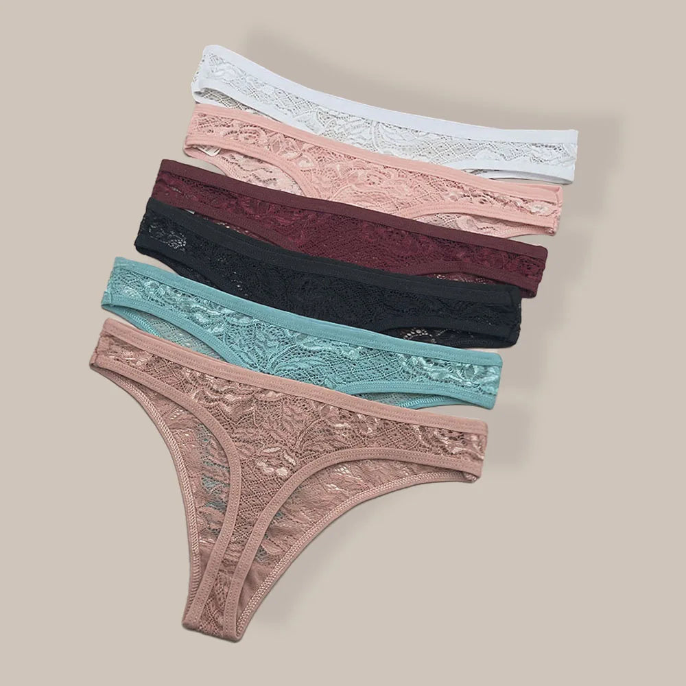 Moonflame 5Pcs Lace Thong Underwear Set - Women’s T-Back G-String Lingerie with Transparent Sexy Panties