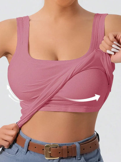 Women's Ribbed One-Piece Tank Top - Built-In Bra Square Neck Slim Fit Summer Bodysuit