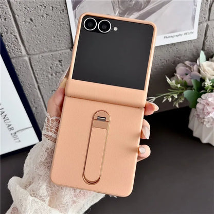 Samsung Galaxy Z Flip 8 Vegan Leather Case - Shockproof Stand Cover with Tempered Glass & Hinge Protection