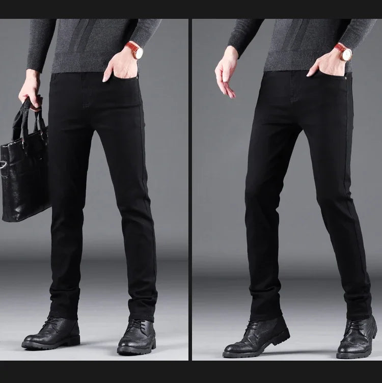 Men’s Spring Autumn Slim Black Jeans — Elastic Straight Korean Vintage Denim Pants for Business & Casual Wear
