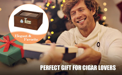 Cedar Wood Cigar Humidor – Glass Top Desktop Cigar Box with Front Hygrometer, Humidifier, Divider, and Accessories Drawer