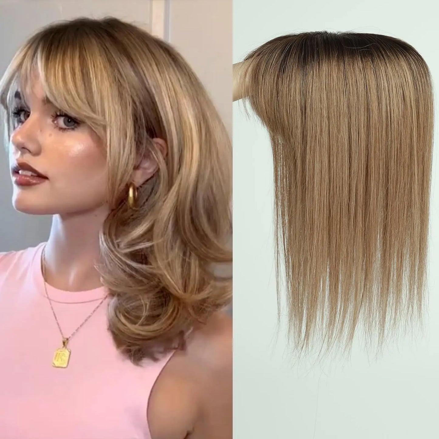 Straight Ombre Brown Remy Human Hair Topper – 100% Silk Base Clip-in Wig with Bangs, Hair Extension for Women