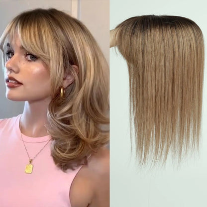 Ombre Brown Blonde Remy Human Hair Topper – 14 Inch Silk Base Clip-In Wig with Bangs for Women