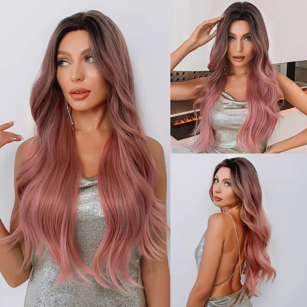 ALAN EATON Black Long Wavy Synthetic Wig – Natural Afro Hair, Middle Part, Heat-Resistant Fiber for Daily Use