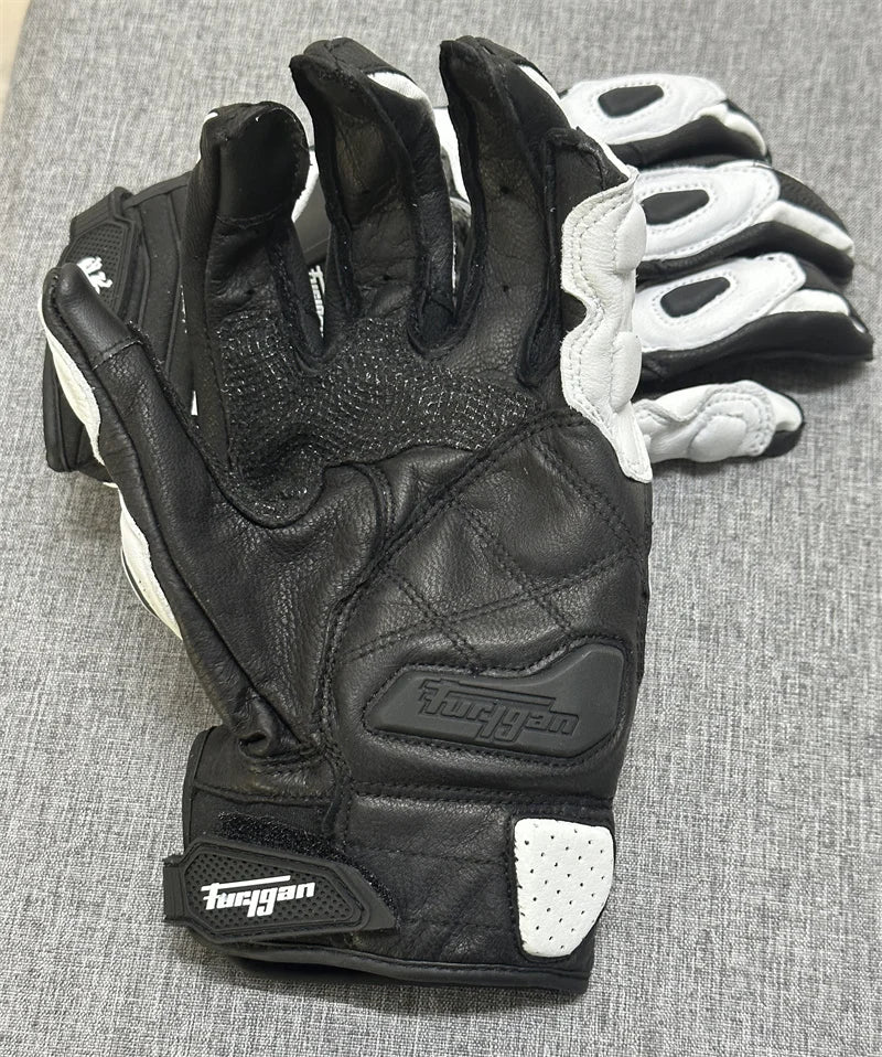 Motorcycle Gloves – Black Racing Genuine Leather, White Road Riding Team Gloves for Men, Summer & Winter with Touch Screen Compatibility