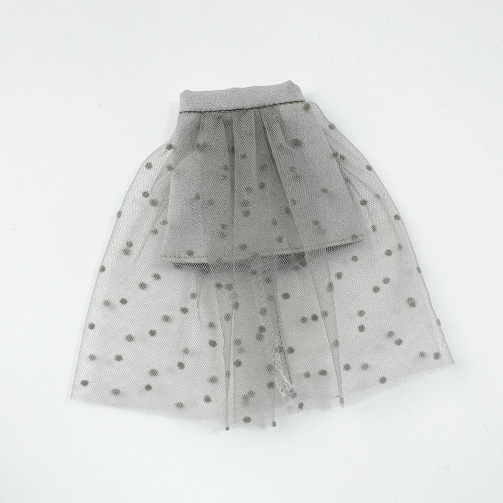 Blythe Doll Clothes Plaid Pleated Skirt & Off-Shoulder Top Tulle Dress Set — Ruffle Skirt for Licca, Azone, OB22, YMY Doll Accessories