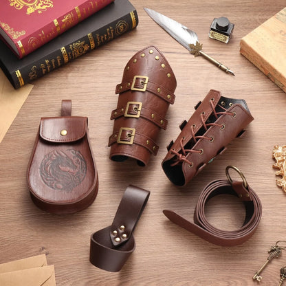 Medieval Viking Belt & Bracelet Set – Renaissance Copper Coin Waist Bag Cosplay Accessories for Halloween Dress Up