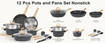 SODAY 12 Piece Granite Nonstick Cookware Set - Induction Compatible Kitchen Pots and Pans