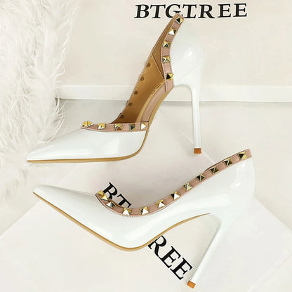 BIGTREE Women’s Rivet Patent Leather Pumps – 10.5cm Stiletto High Heels, Sexy Party Shoes, Large Size 43