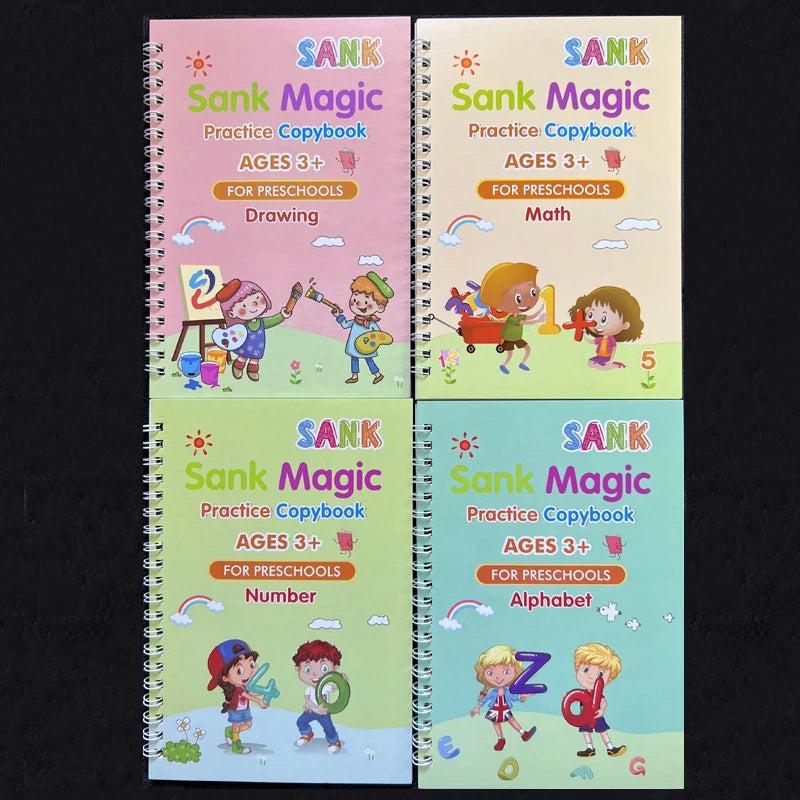 4-Piece Magic Practice Copybook Set with Pen — Reusable English Calligraphy Writing Book for Kids & Preschoolers