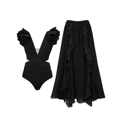 Blue One-Shoulder Ruffle Floral Monokini Swimsuit with Cover Up Sexy One Piece Beach Swimwear for Women Summer