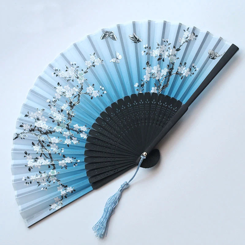 Bamboo Folding Fan with Silk — Chinese & Japanese Style Handheld Fan, Antique Art Craft for Summer Dance, Home Decor & Party