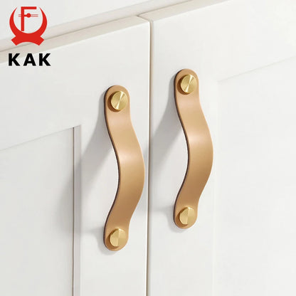 KAK Cowhide Leather Cabinet Handles – Nordic Style Furniture Pulls for Kids Room, Brass & Copper Kitchen Drawer Knobs, Door Hardware
