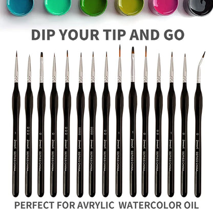 15 Pcs Miniature Painting Brush Set: Nylon Hair Multi-Shape Pen Heads for Gouache, Watercolor, Oil Paint - Artists Hand-Painted Brushes