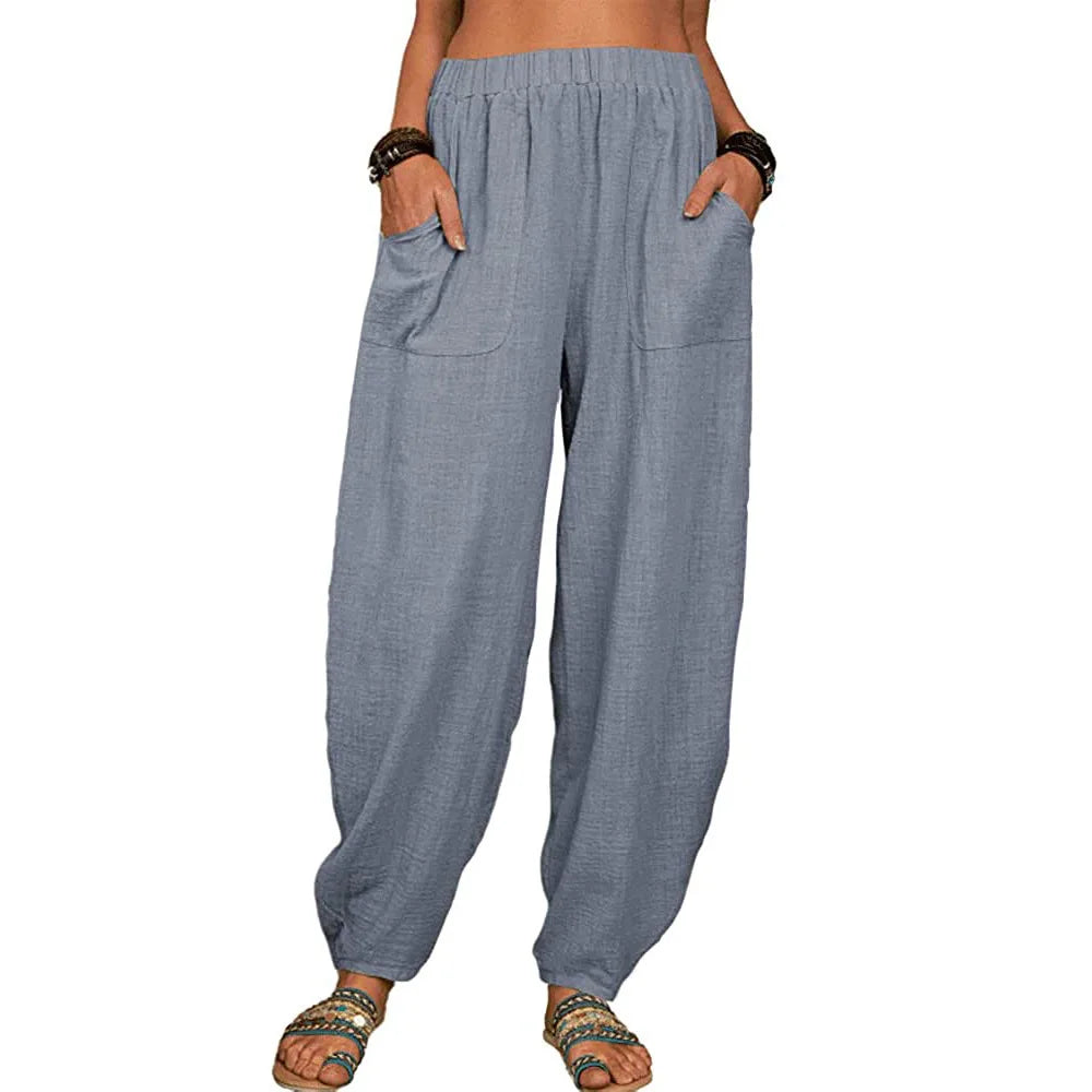 Women’s Casual Cotton Linen Harem Pants – Loose Fit Wide Leg Summer Lounge & Homewear Breathable Long Trousers LRFZ-922