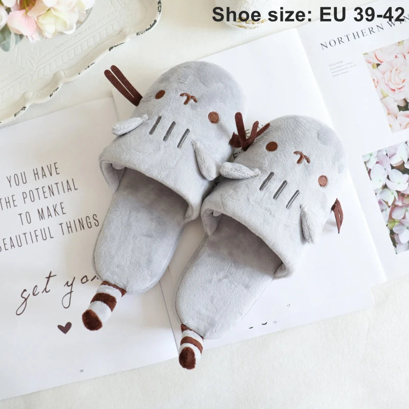 Pusheen Cat Plush Slippers - Cute Chubby Cat Indoor House Shoes, Warm Cozy Footwear for Halloween, Christmas, and Cosplay Gifts