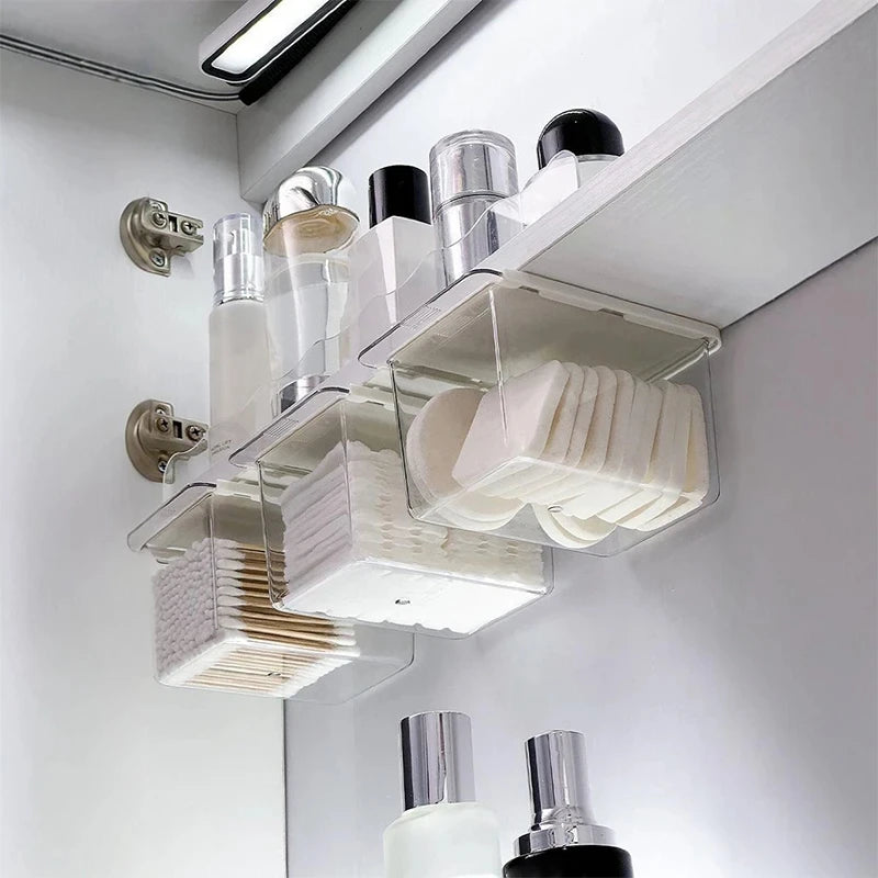 Transparent Bathroom Cotton Swab & Makeup Storage Box – Pull-Out Drawer Style Organizer for Under Mirror Cabinet