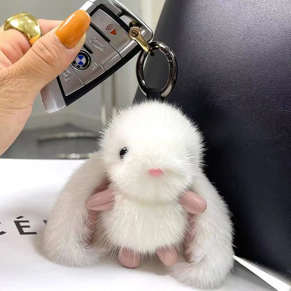Fluffy Bunny Keychain - Big-Eyed Plush Ears Car Keyring & Cute Bag Charm