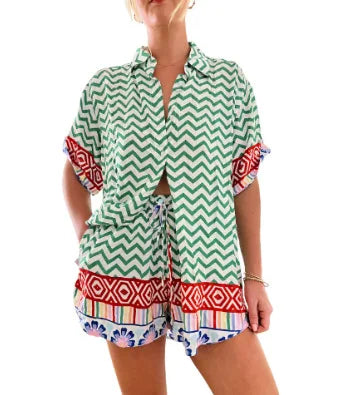 Women’s Summer 2-Piece Set – Lapel Short-Sleeve Shirt & Shorts, Elegant Loose Printed Outfit