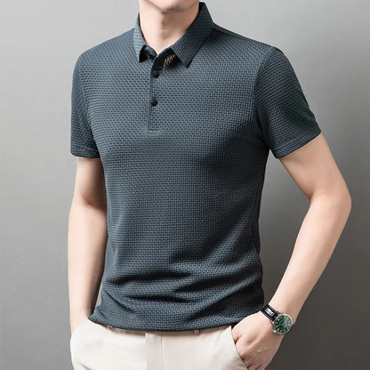 Men’s Business Casual Short Sleeve Polo — Solid Color Floral Summer Shirt, Breathable & Comfortable