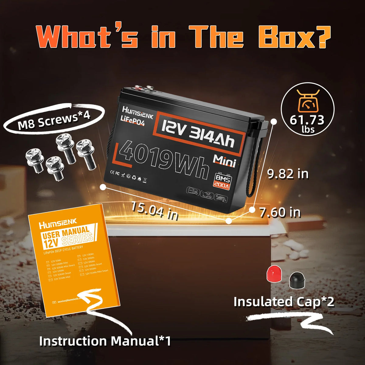 Humsienk 12V 314Ah LiFePO4 Battery - 4019Wh Deep Cycle Power with 200A BMS for RV, Camper, Cabin & Solar Energy Storage