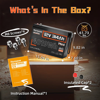 Humsienk 12V 314Ah LiFePO4 Battery - 4019Wh Deep Cycle Power with 200A BMS for RV, Camper, Cabin & Solar Energy Storage