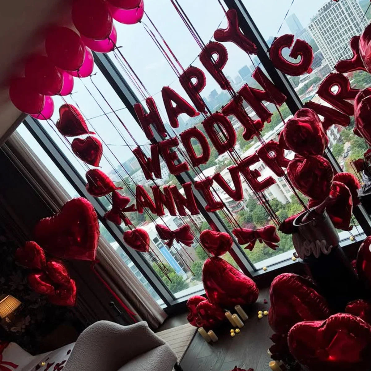 Red Birthday Balloon Set - Heart Foil Balloons with Bow & Simulated Rose Petals for Valentine’s Day Party Decor