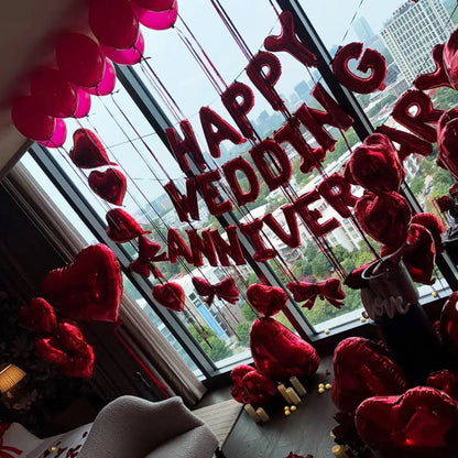 Red Birthday Balloon Set - Heart Foil Balloons with Bow & Simulated Rose Petals for Valentine’s Day Party Decor