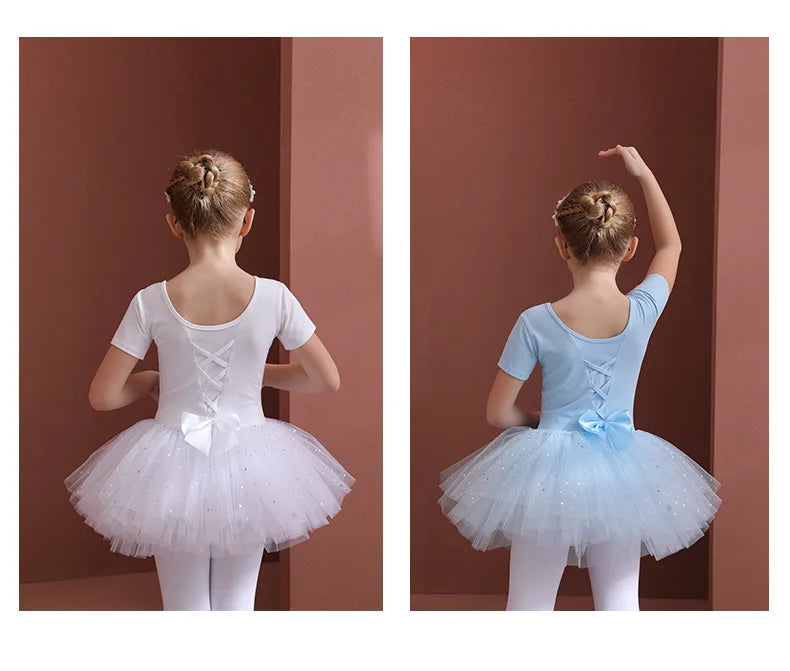 Girls Ballet Tutu Dress — Kids Short & Long Sleeve Tulle Leotard with Bowknot for Dance, Gymnastics & Party