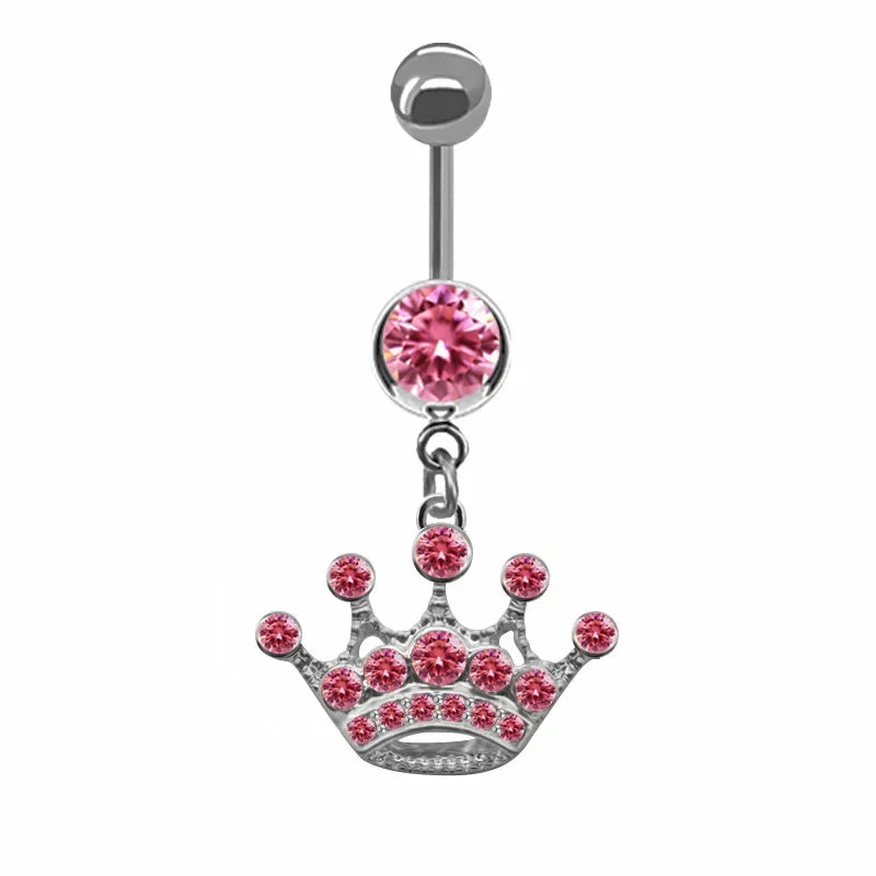 Sweet Butterfly Crown Heart Belly Button Ring – Pink & White Crystal Hello Kitty Dangle Navel Piercing Jewelry for Women