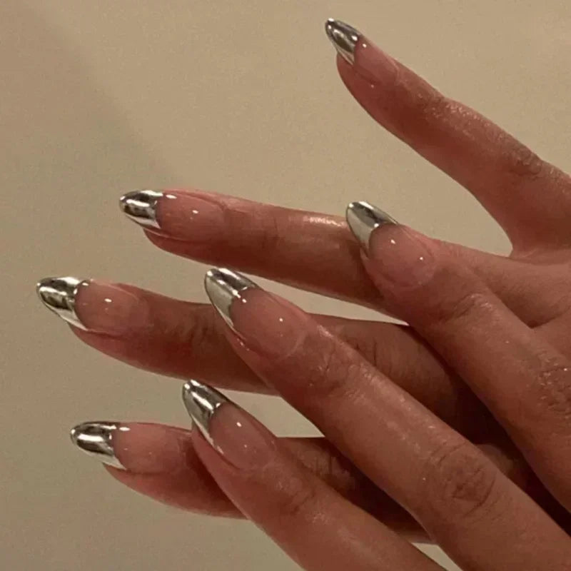 24Pcs French Press On Nails - Almond Fake Nail Tips with Glue, White Edge Design & Pink Stiletto Style Manicure Set
