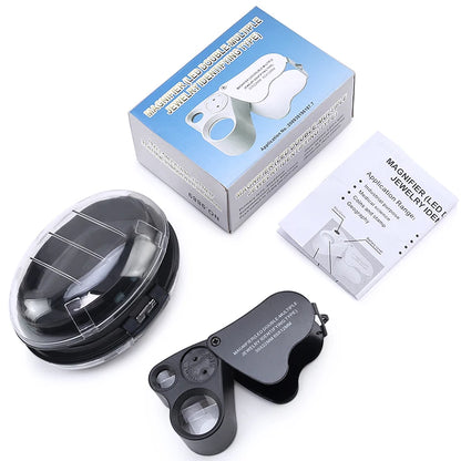 30X 60X LED Jewelry Loupe Magnifier - Foldable Illuminated Eye Glass for Gems Coins and Watch Inspection