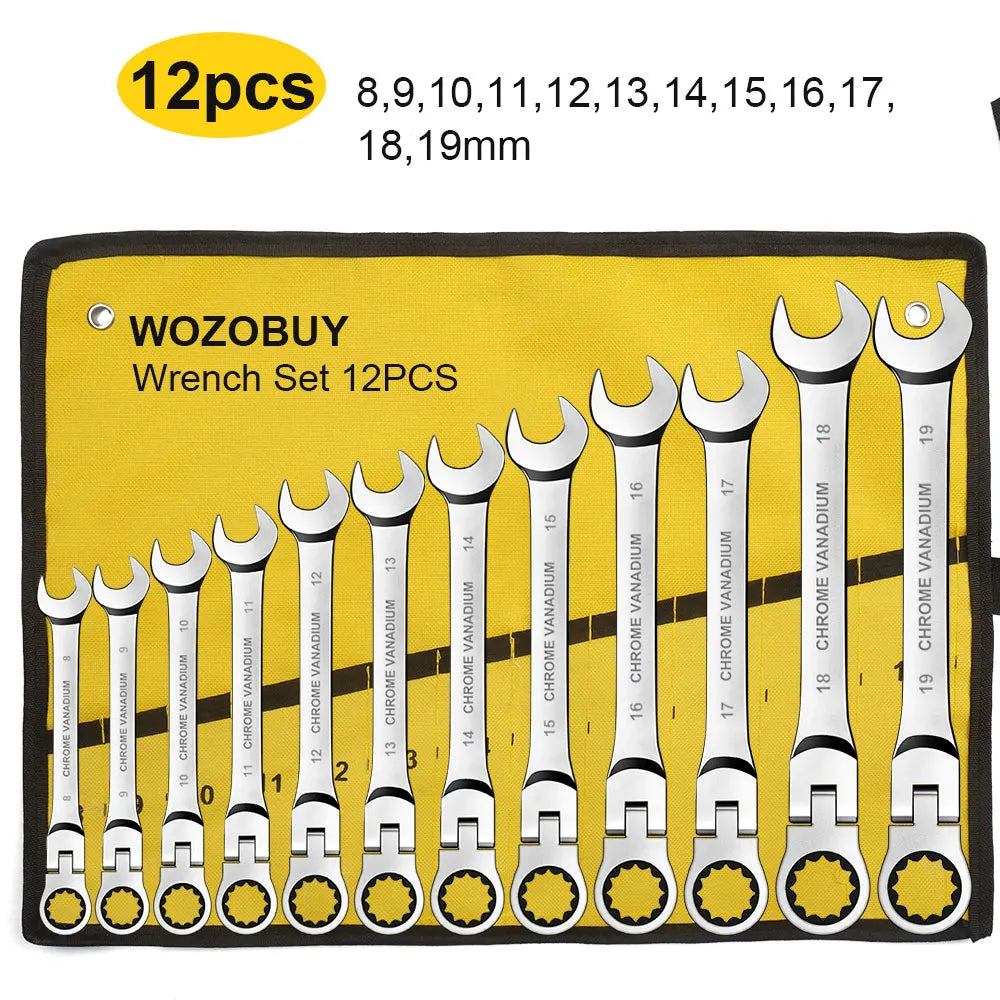 6-22mm Metric Ratcheting Combination Wrench Set – Flex Head Chrome Vanadium Steel Spanners with Carry Bag