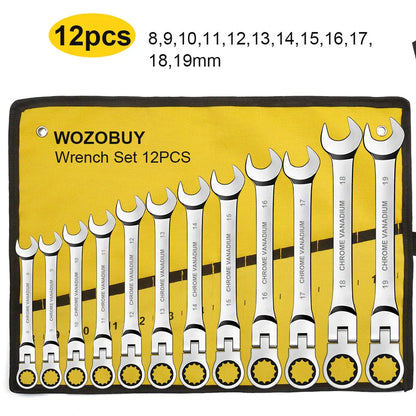 6-22mm Metric Ratcheting Combination Wrench Set – Flex Head Chrome Vanadium Steel Spanners with Carry Bag