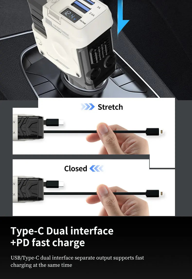 120W Car Charger | 4-in-1 Retractable Cigarette Lighter Adapter with USB Type-C Fast Charging Cable for iPhone & Android