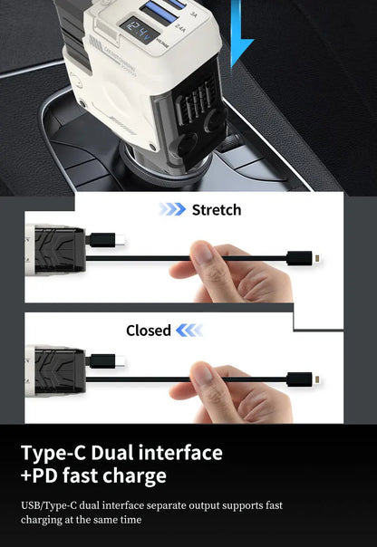 120W Car Charger | 4-in-1 Retractable Cigarette Lighter Adapter with USB Type-C Fast Charging Cable for iPhone & Android