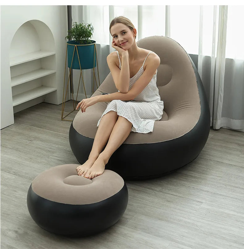 Inflatable Lazy Sofa Chair - PVC Flocking Foldable Lounge Recliner Chair for Home & Outdoor Relaxation