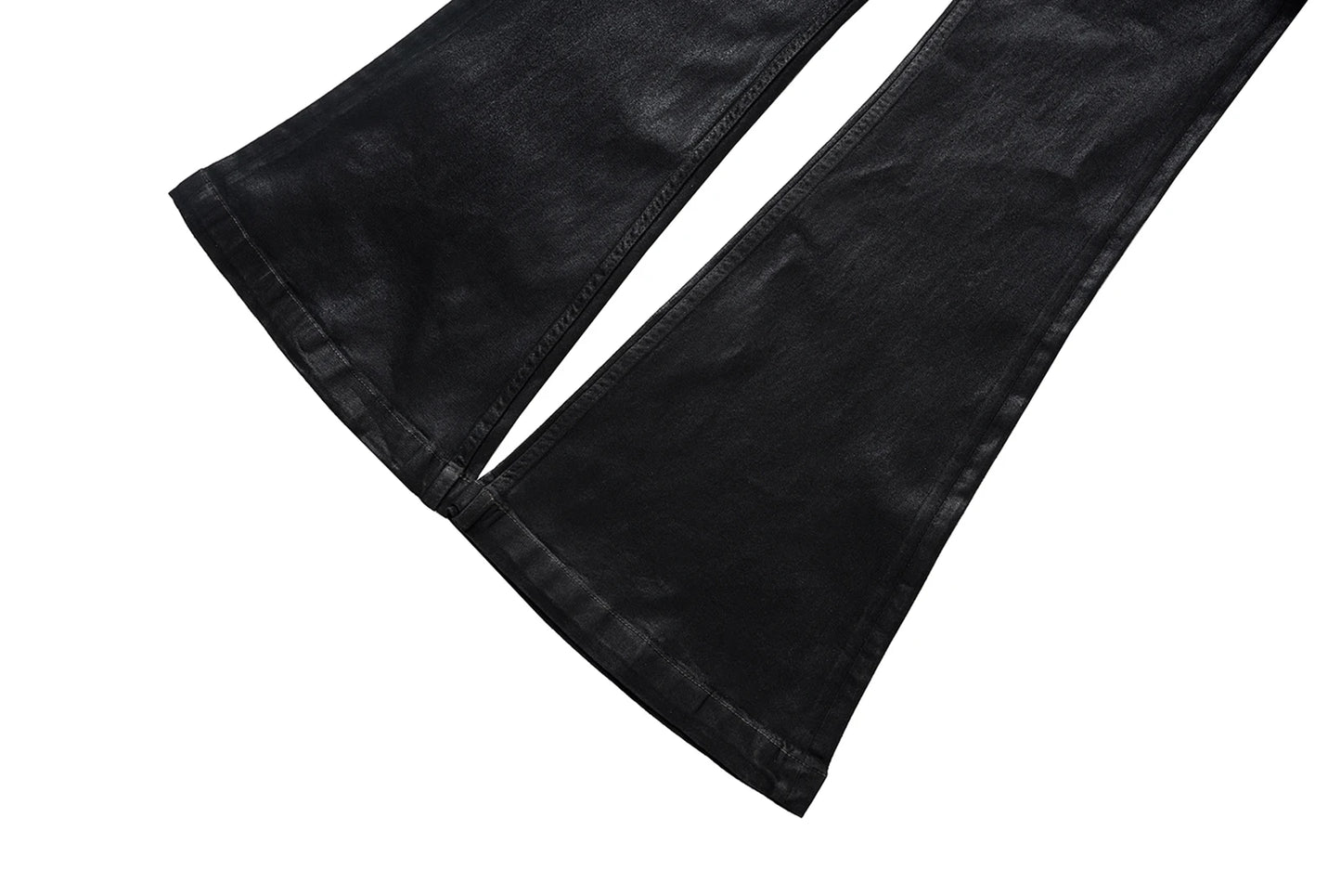 Men’s Streetwear Black Wax Leather Stretch Jeans — Baggy Y2K Flare Oversized Straight Denim Trousers