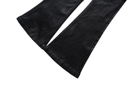 Men’s Streetwear Black Wax Leather Stretch Jeans — Baggy Y2K Flare Oversized Straight Denim Trousers