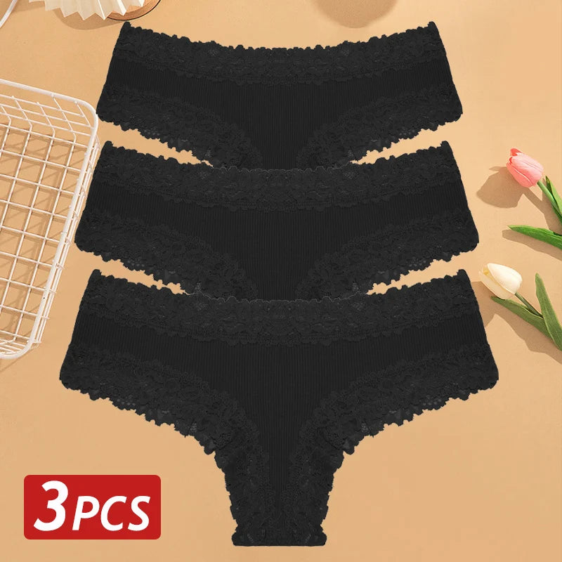 3PCS Women’s Cotton Lace Panties Set - Low Waist Brazilian Bikini Underwear Soft Floral Lingerie T-Back Style