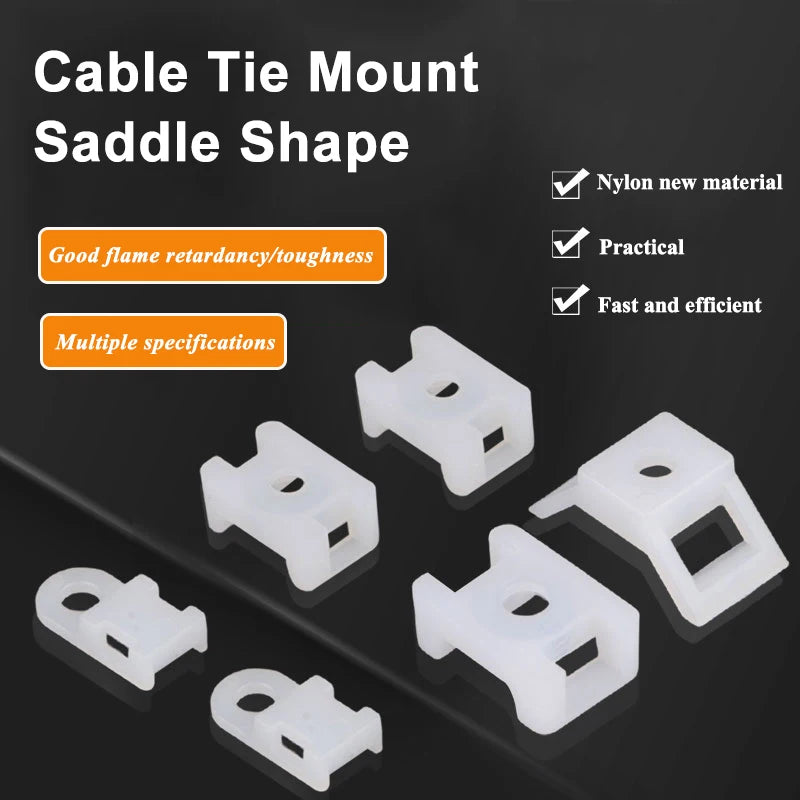 100Pcs Cable Tie Mount Base - Plastic Fixed Saddle Wire Holder for USB Charging & Data Line Winder | HC-2 HC-4 Zip Ties