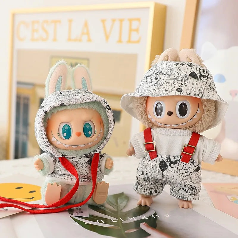 17cm 3rd Gen Labubu Trendy Retro Outfit – Graffiti Strap Pants, Hat & Sitting Party Pendant
