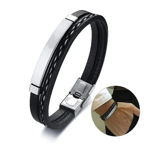 Delysia King 2021 Trendy Men's Leather Weave Bracelet - Leisure Color Contrast Stainless Steel Bangle