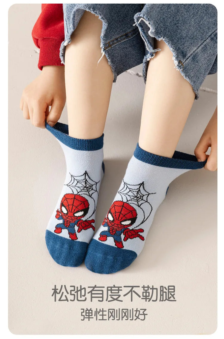 5 Pairs Spiderman Cotton Socks for Kids – Iron Man, Hulk, Thor Anime Boys Short Socks, Cartoon Baby Spring & Summer Footwear