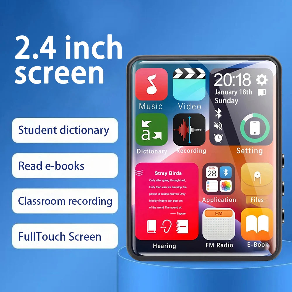 2.4-Inch Full-Screen MP3 Player – Mini MP4 Player with Bluetooth, 4-128GB Storage, Hi-Fi HD Lossless Recording, FM Radio