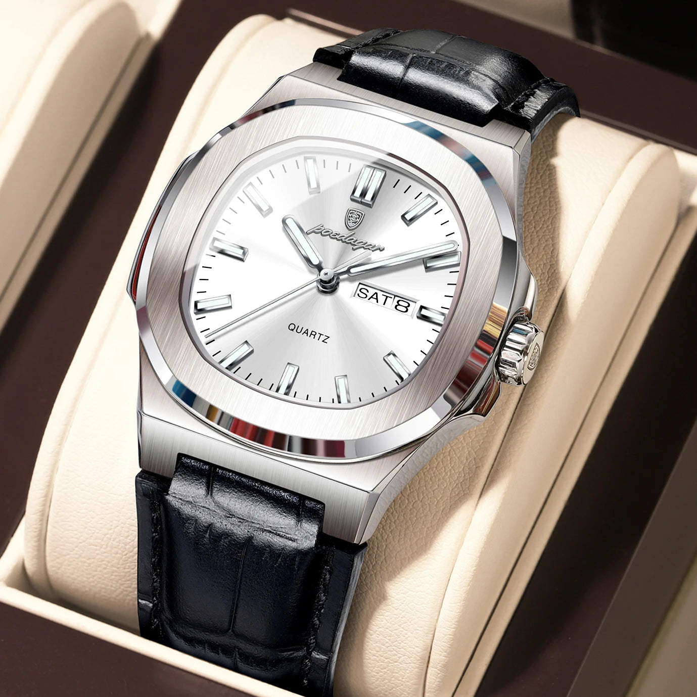 POEDAGAR Luxury Men’s Square Quartz Watch – Luminous Waterproof Leather Strap with Week Calendar